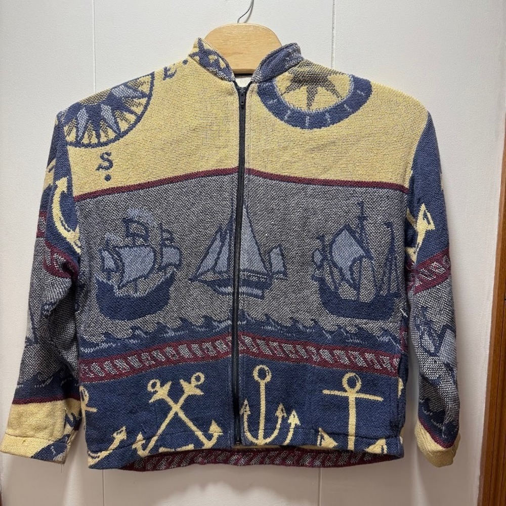 Maxson Tapestri USA Vintage Nautical Tapestry Jacket Sailing Ship Anchor OS